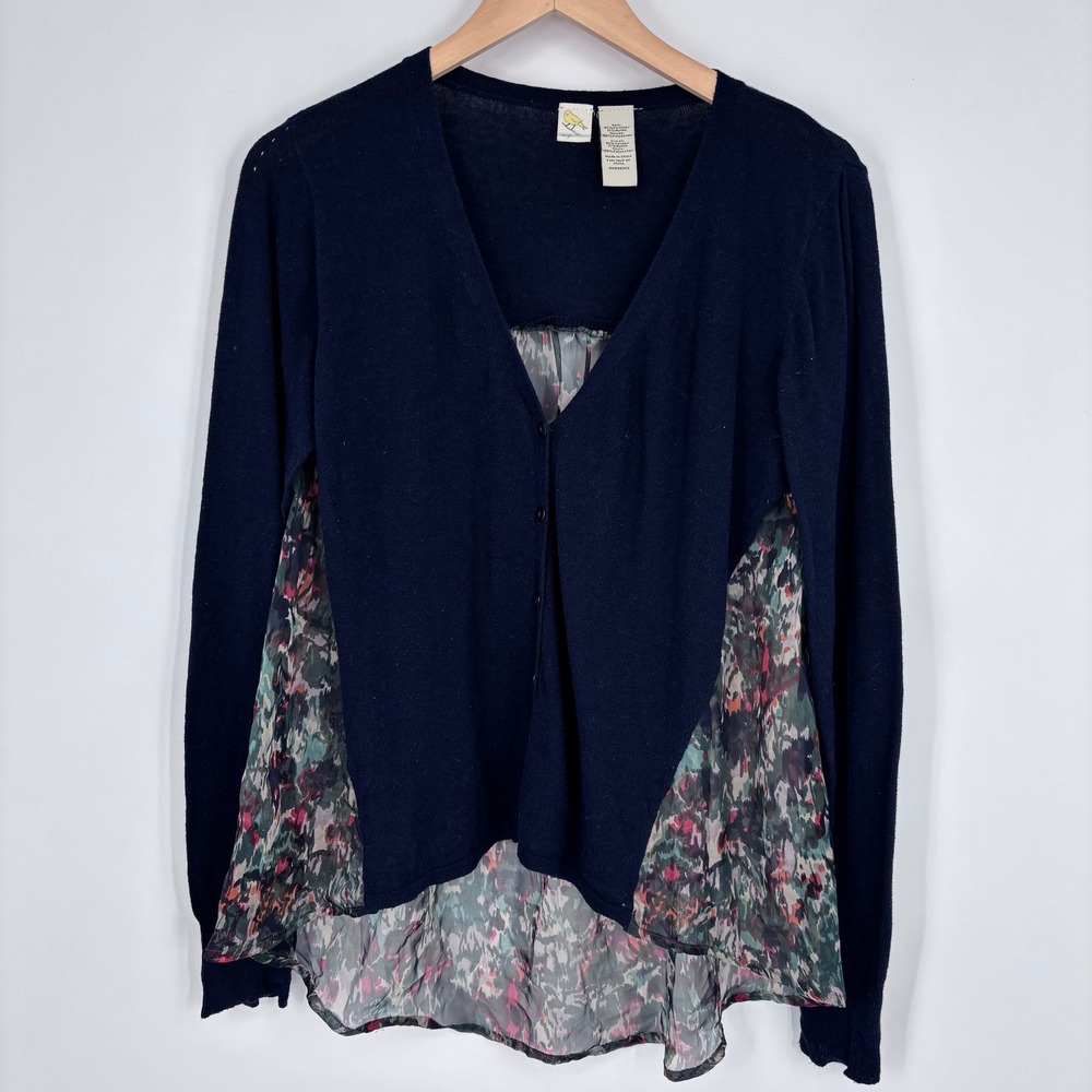Anthropologie Yellow Bird Mixed Media Floral Silk Back Cardigan Womens L Navy